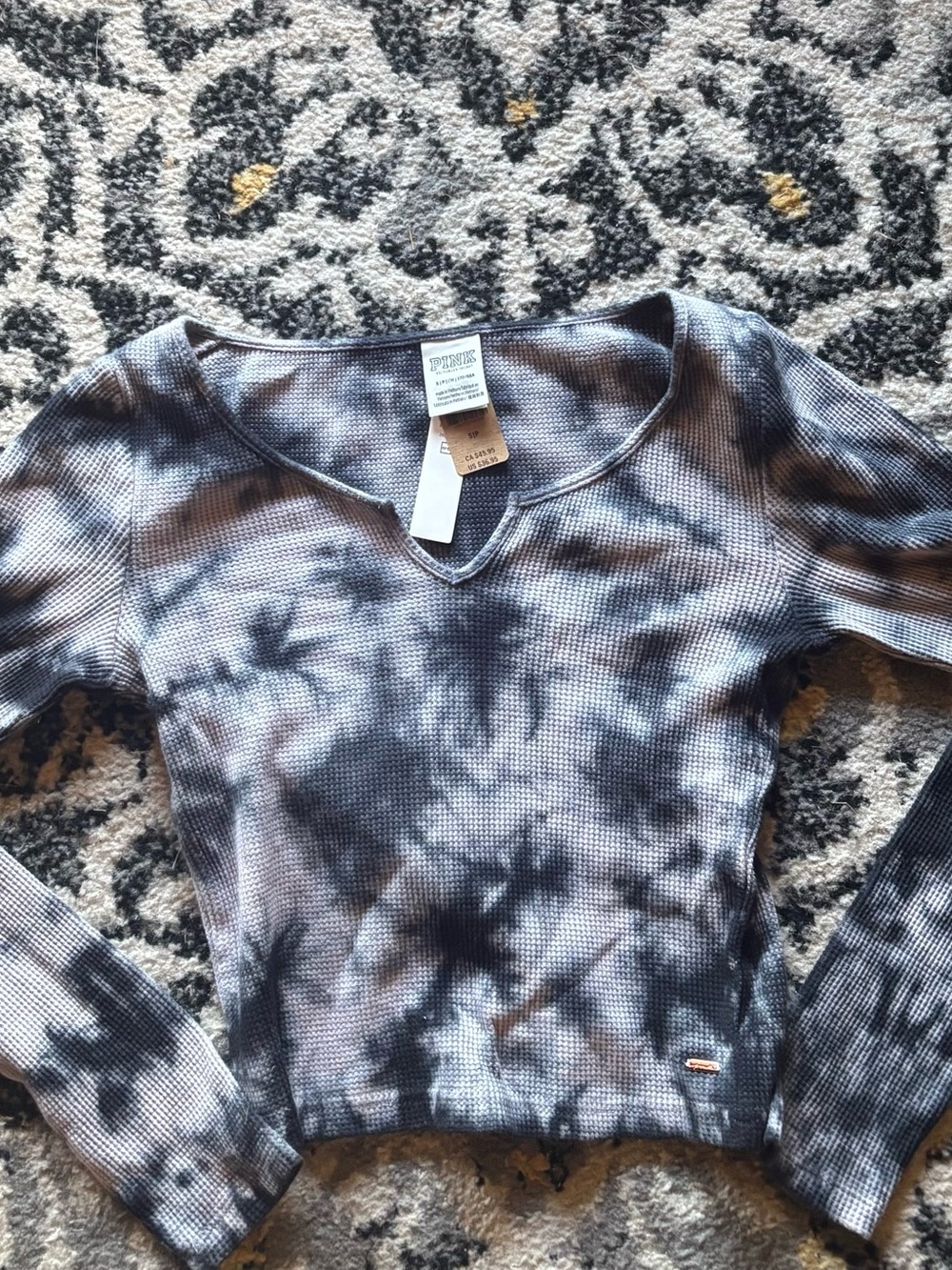 PINK Victoria's Secret Gray & Black Waffle Knit Long Sleeve Top